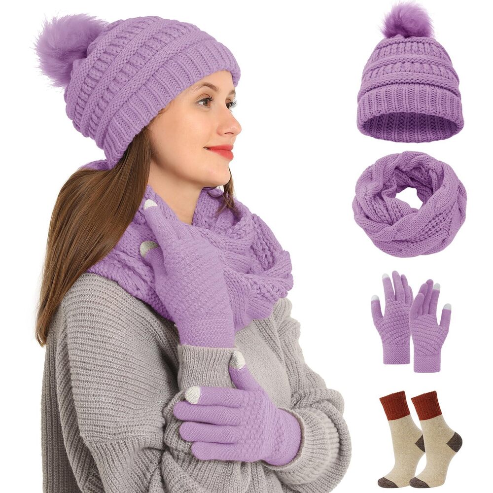 3175 4pcs Winter Beanie Hat Scarf Touch Screen Gloves and Warm Knit Wool